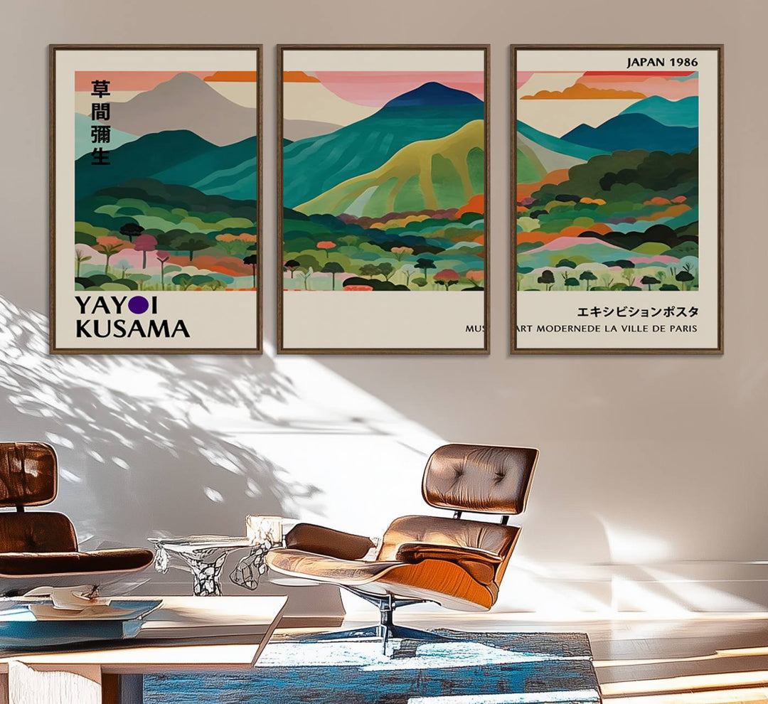 Vibrant Kusama landscape canvas featuring floral mountains and botanical decor, ideal for a modern home.