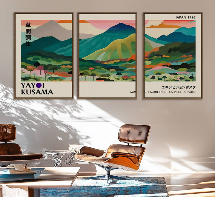 Vibrant Kusama landscape canvas featuring floral mountains and botanical decor, ideal for a modern home.