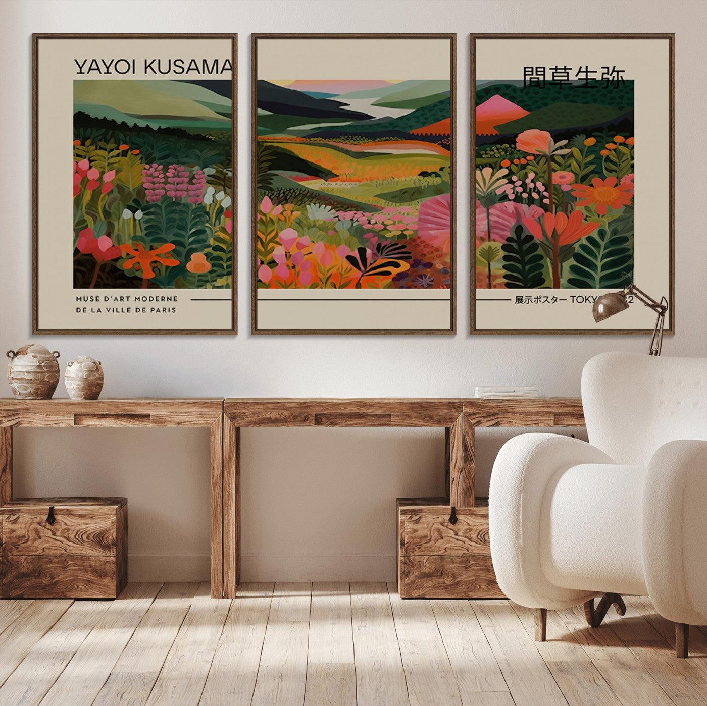 MGV-FC-60X30-3P - Yayoi Kusama Landscape Canvas Print, Vibrant Floral Mountain Art Print, Botanical Flower Nature