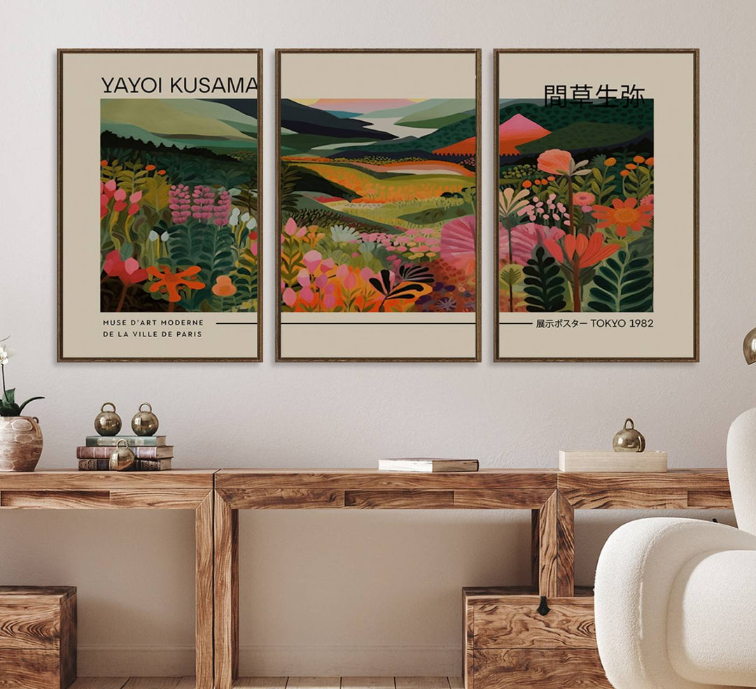 A Yayoi Kusama Landscape Canvas Print brightens the wall with vibrant floral and mountain art.