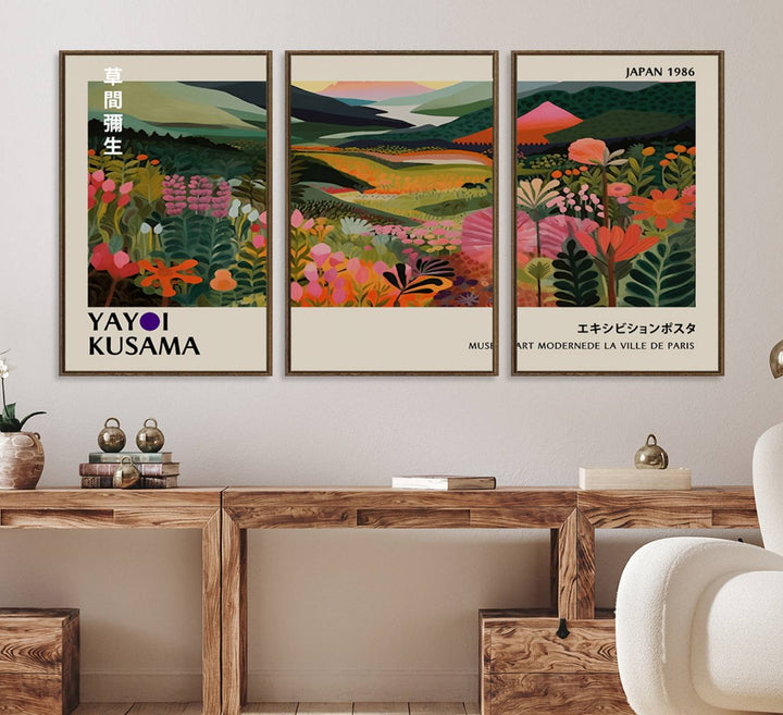 Yayoi Kusamas Landscape Canvas Print with vibrant floral mountain art adorns the wall.