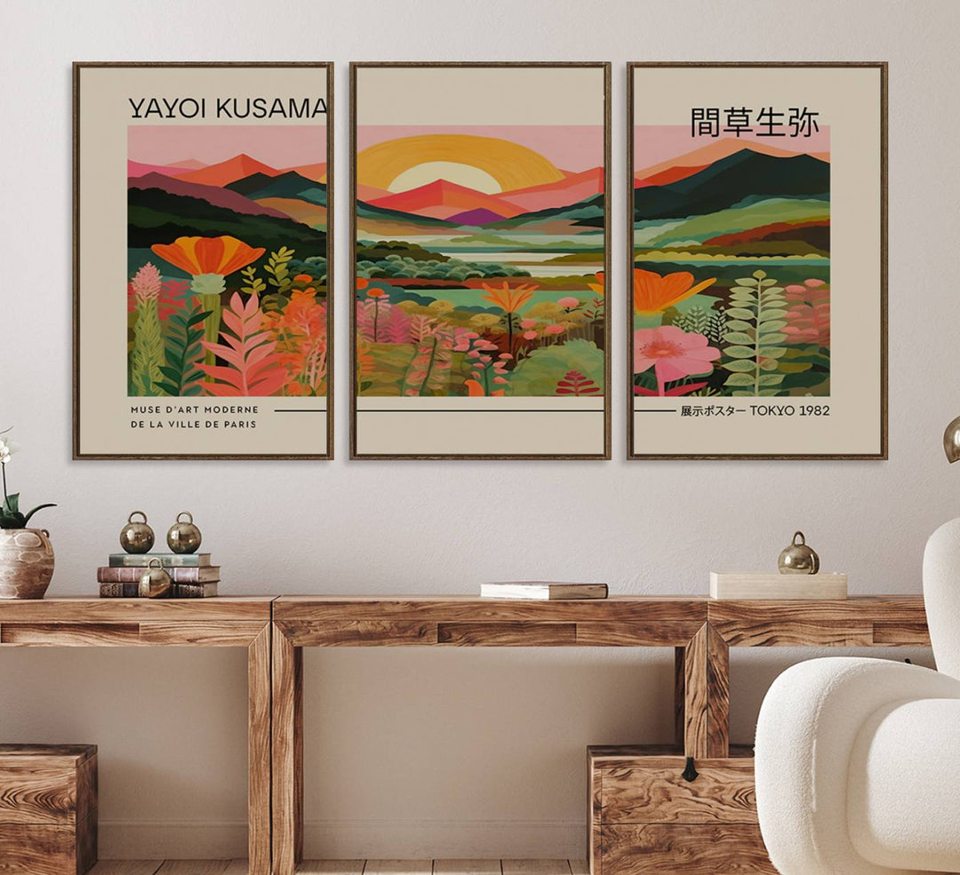 A Yayoi Kusama landscape print and an antique world map enhance the dining area.