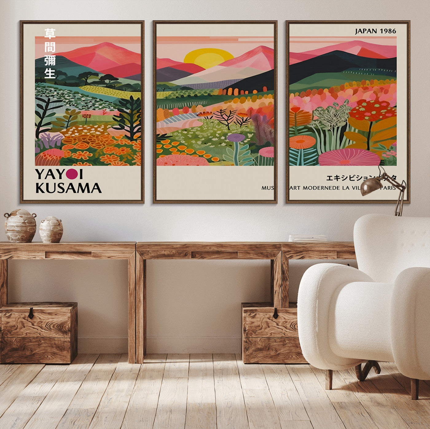 MGV-FC-60X30-3P - Yayoi Kusama Landscape Canvas Print, Vibrant Floral Mountain Art Print, Framed Botanical Wall Art -