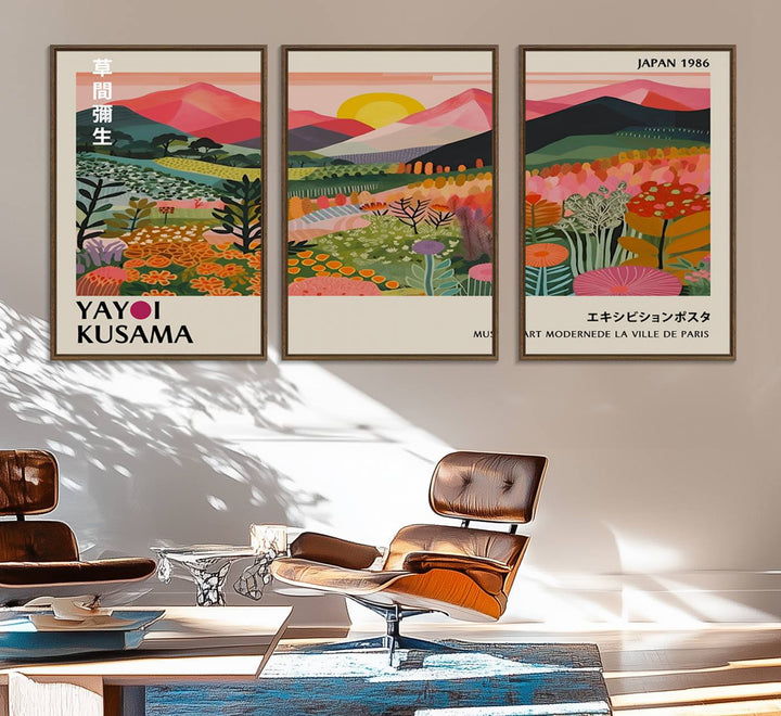 The wall art includes a vintage world map and Yayoi Kusamas colorful landscape.