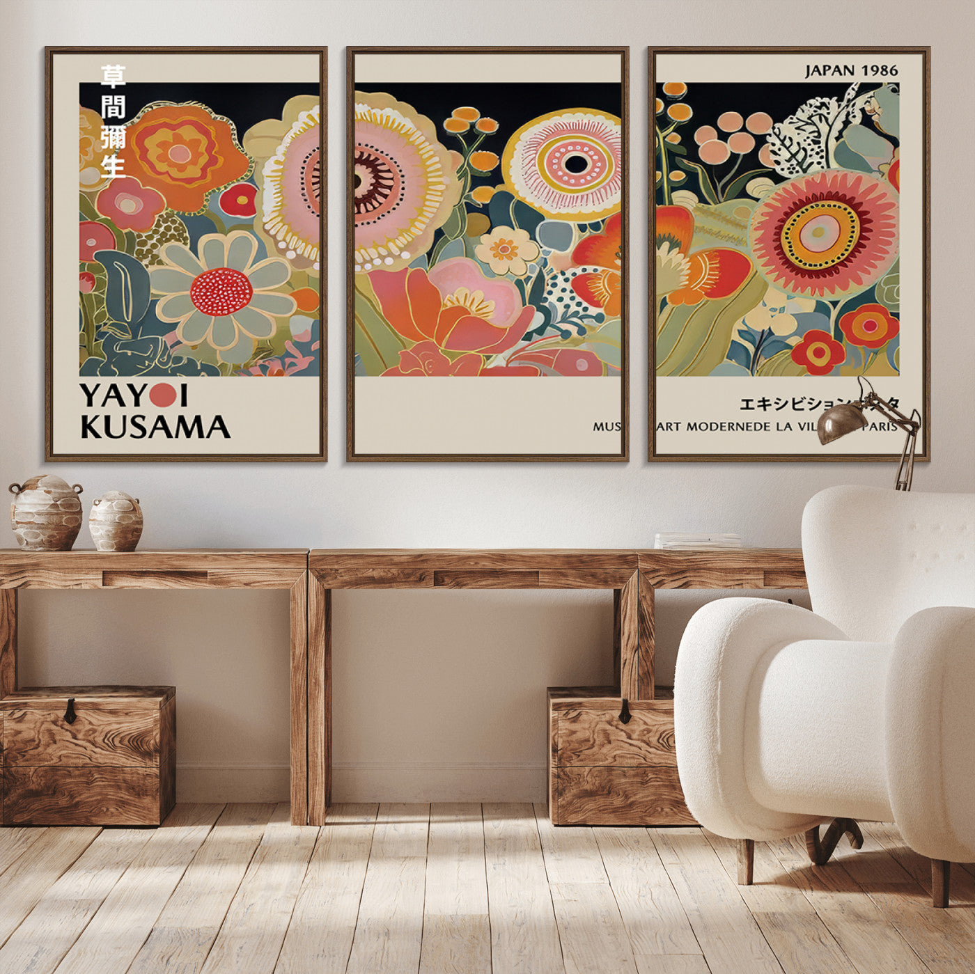 MGV-FC-60X30-3P - Yayoi Kusama Landscape Canvas Print, Vibrant Floral Mountain Art Print, Botanical Flower Nature Decor, Sunset Scenery Artwork