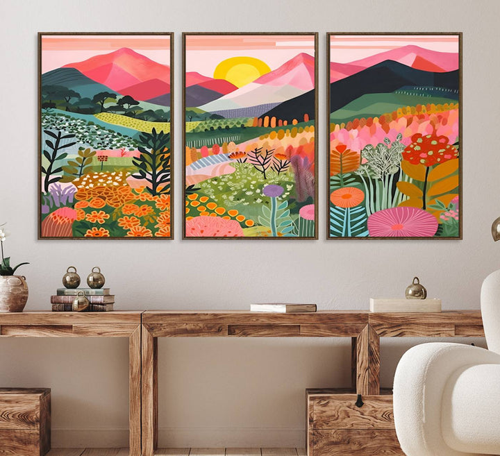 Vibrant abstract landscape canvas: Yayoi Kusama 1986 wall art print featuring mountains, sun, and flowers. Ready-to-hang.