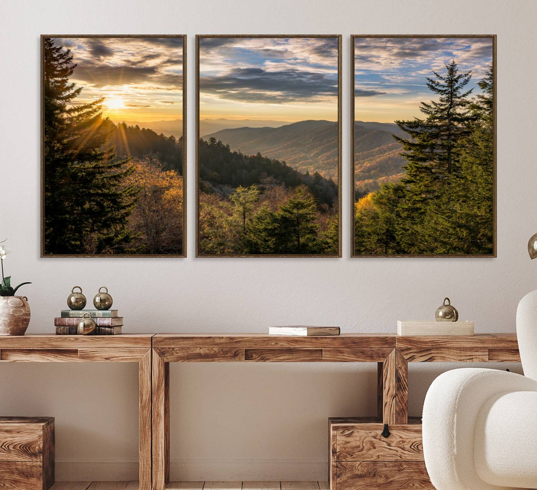 A triptych canvas titled Sunrise Over the Smoky Mountains adorns the wall.