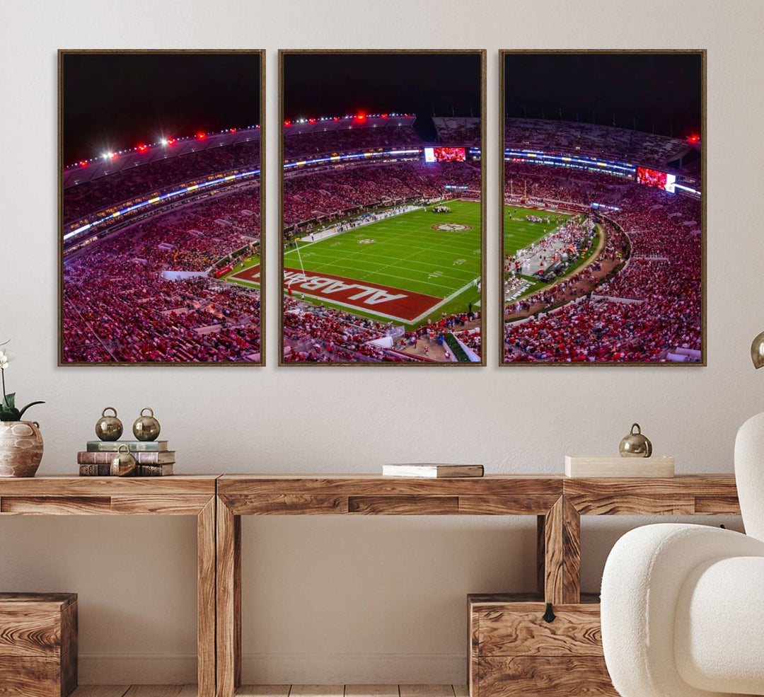 The living room features a Bryant-Denny Stadium Night Game Triple Canvas Wall Art.