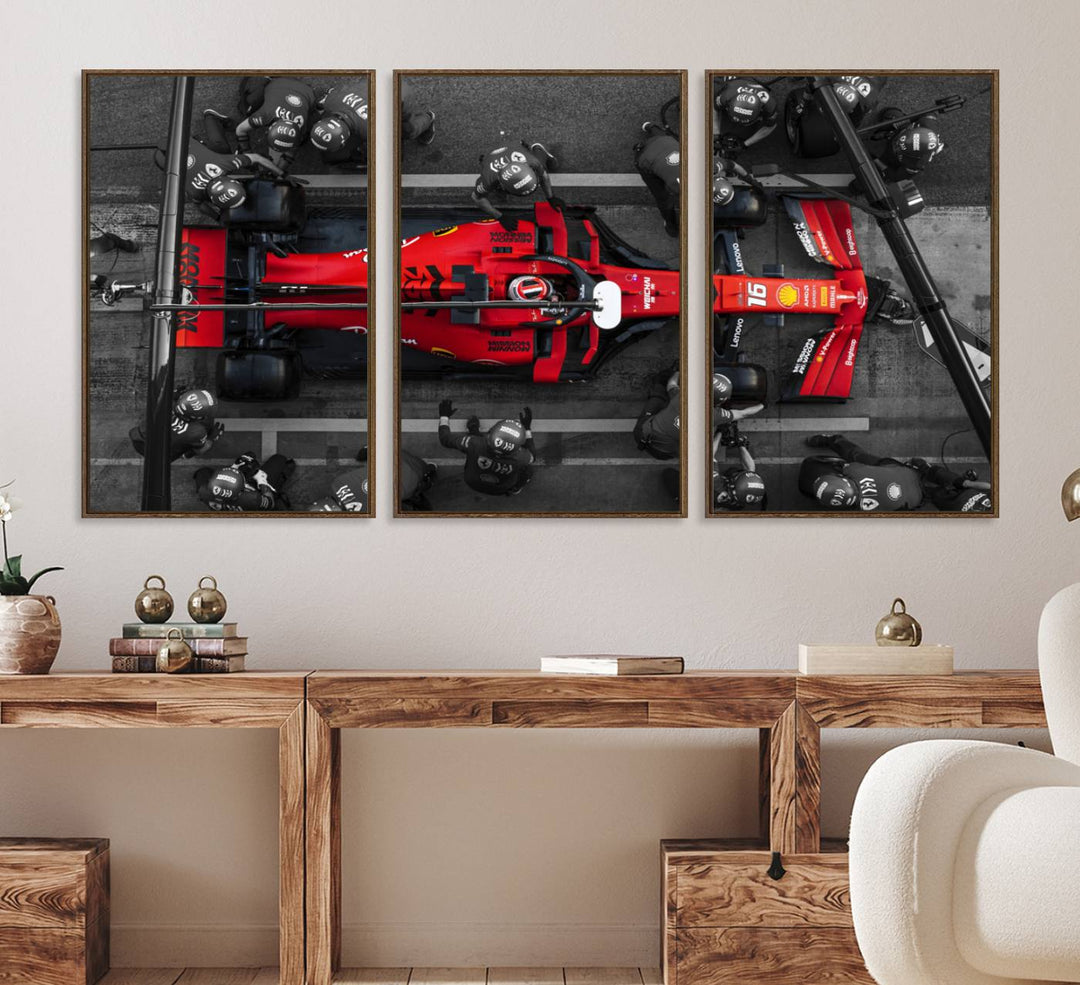 Ferrari Pit Stop Canvas Wall Art displayed prominently in the living room.