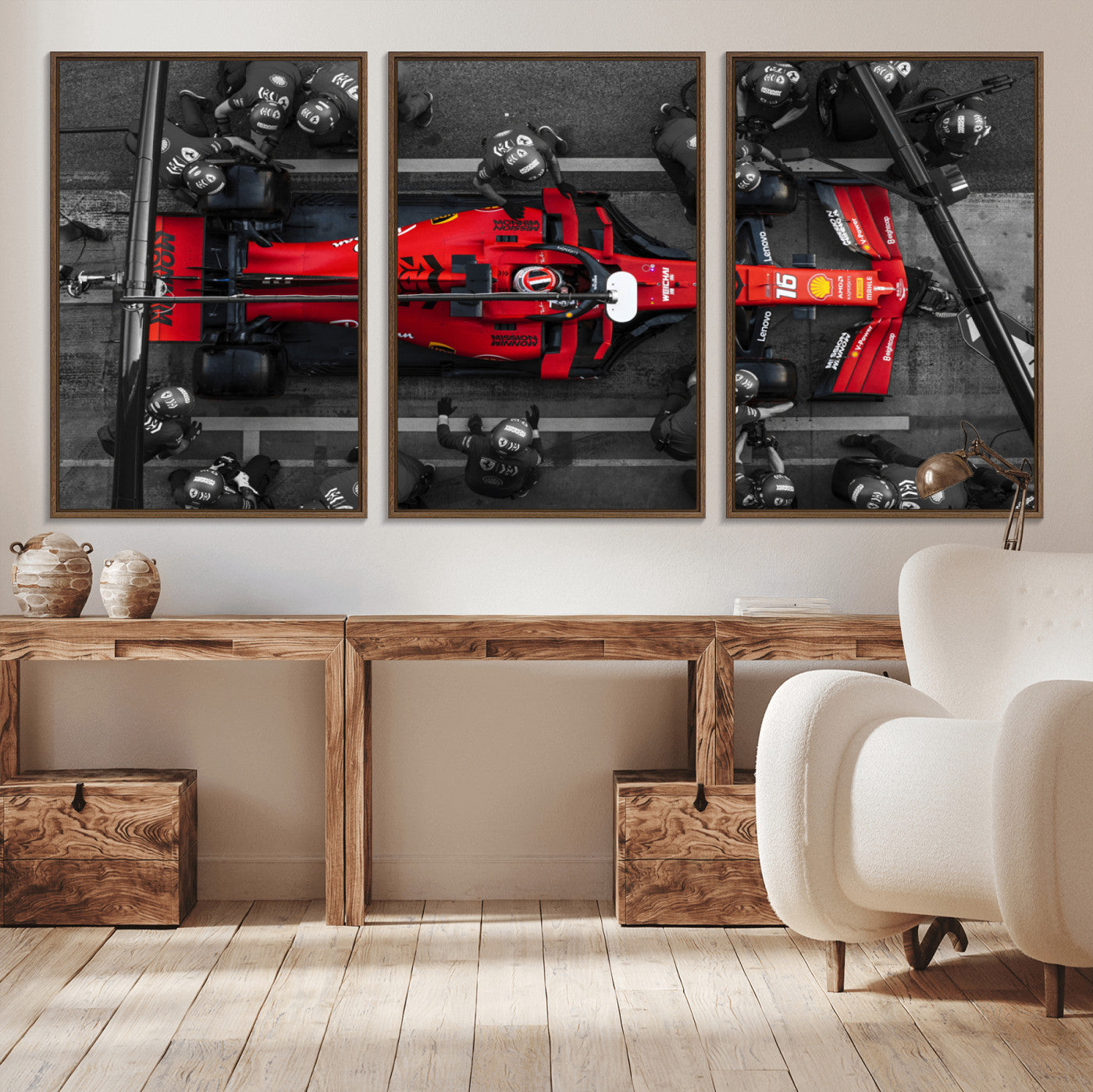 MGV-FC-60X30-3P - Ferrari Pit Stop Canvas Wall Art – Precision and Speed Captured in Bold Motorsport Imagery – Ready
