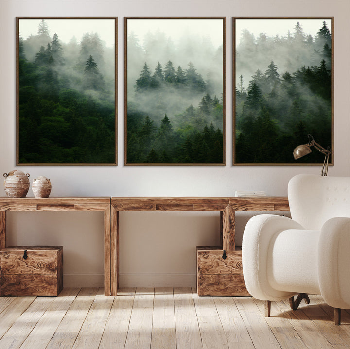 Misty Forest Wall Art Canvas Print - Foggy Forest Landscape Canvas Wall Art – Serene Triptych Nature Print – Woodland Landscape Decor