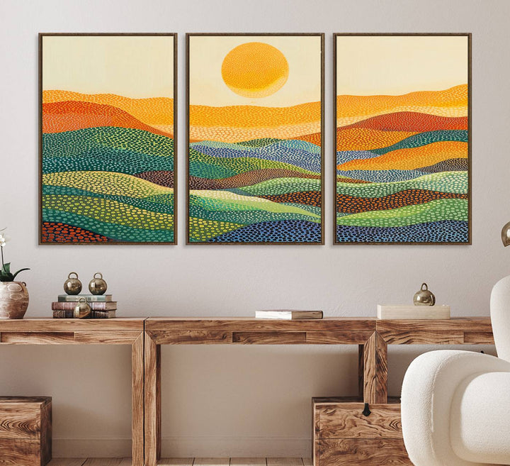 Yayoi Kusamas vibrant floral landscape art hangs prominently, infusing the space with color.