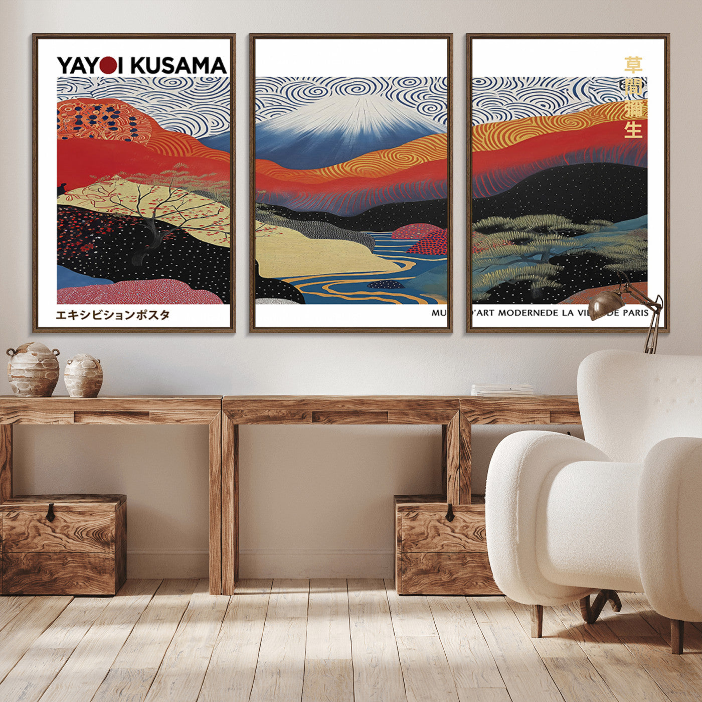 MGV-FC-60X30-3P - Framed Yayoi Kusama 1986 Wall Art Print – Japanese Wall Art Print, Wabi Sabi Yayoi Kusama Print -