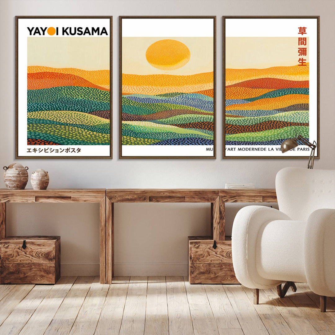 Framed Yayoi Kusama 1986 Wall Art: A vibrant abstract landscape featuring Wabi Sabi hills and a sun, created by the Japanese artist.