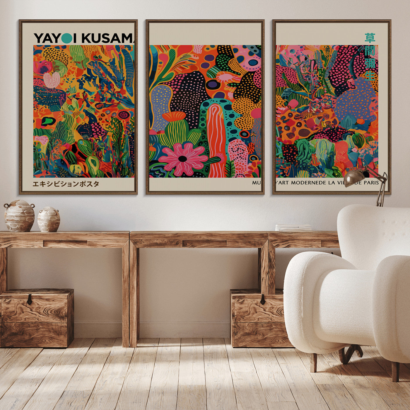 MGV-FC-60X30-3P - Framed Yayoi Kusama 1986 Wall Art Print – Japanese Wall Art Print, Wabi Sabi Yayoi Kusama Print -