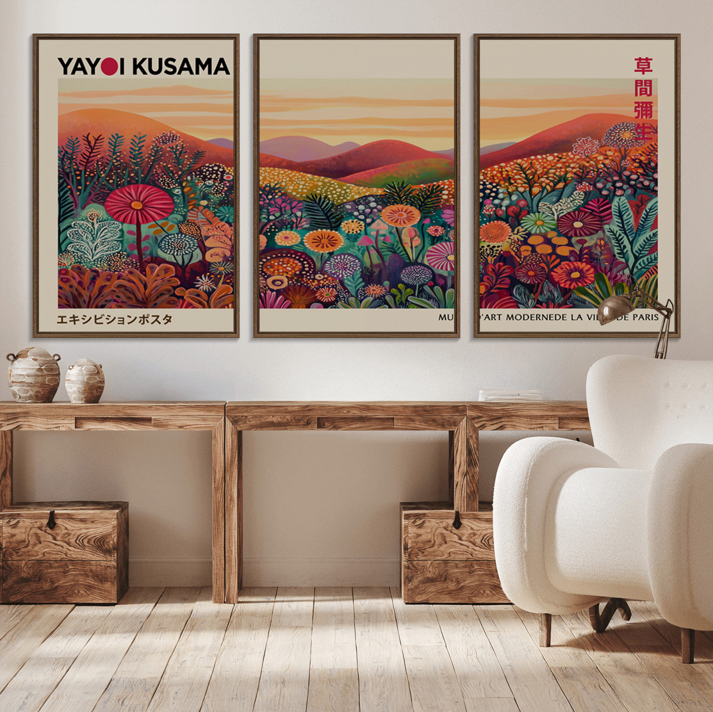 MGV-FC-60X30-3P - Framed Yayoi Kusama 1986 Wall Art Print – Japanese Wall Art Print, Wabi Sabi Yayoi Kusama Print -