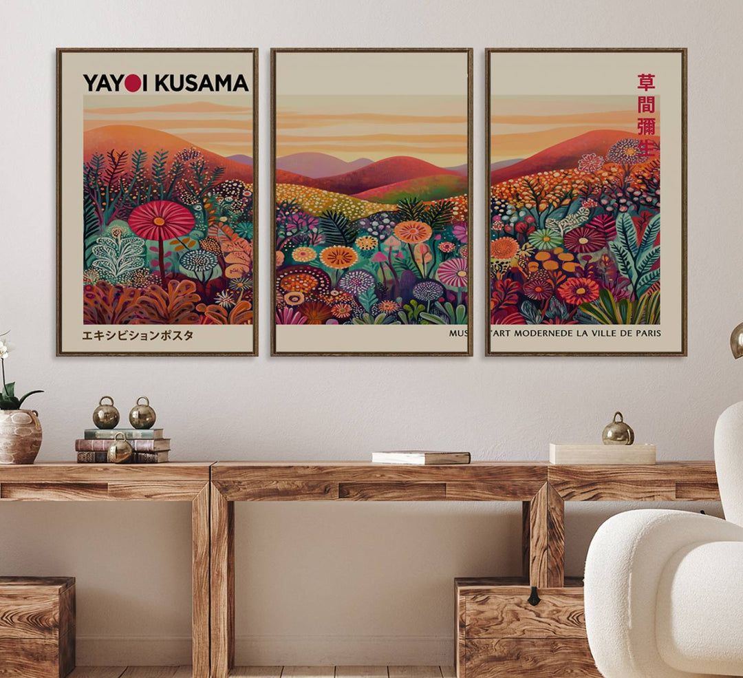 A framed Yayoi Kusama abstract landscape art print adorns the wall.