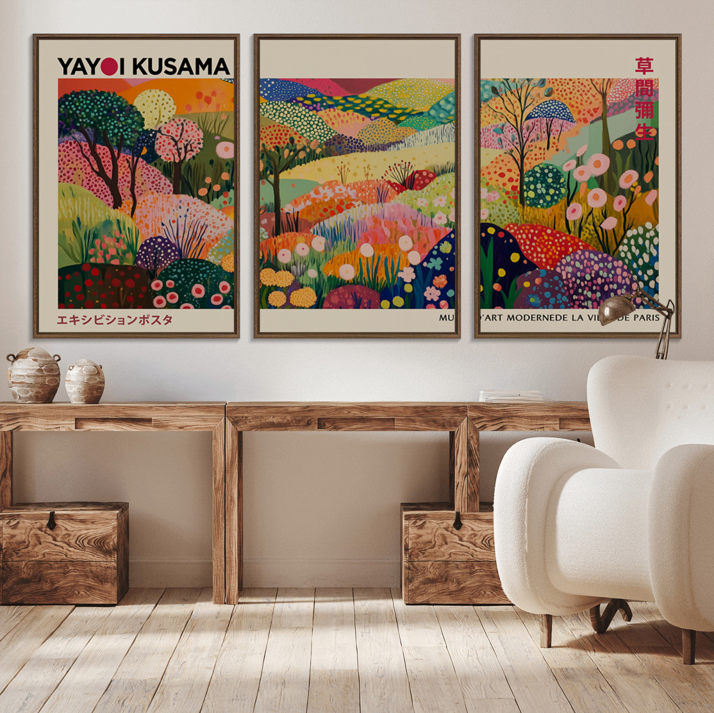 MGV-FC-60X30-3P - Framed Yayoi Kusama 1986 Wall Art Print – Japanese Wall Art Print, Wabi Sabi Yayoi Kusama Print -
