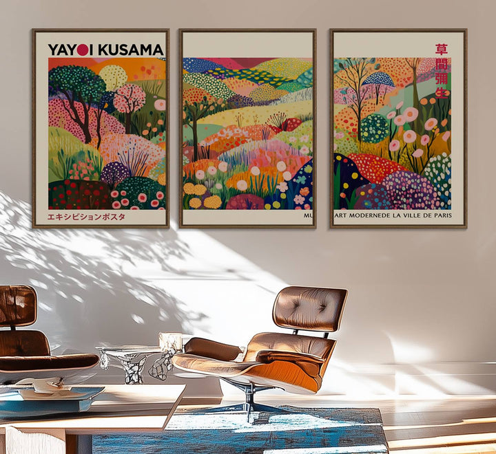 The Framed Yayoi Kusama 1986 Wall Art Print brings vibrant abstract landscapes to enhance the wooden wall.