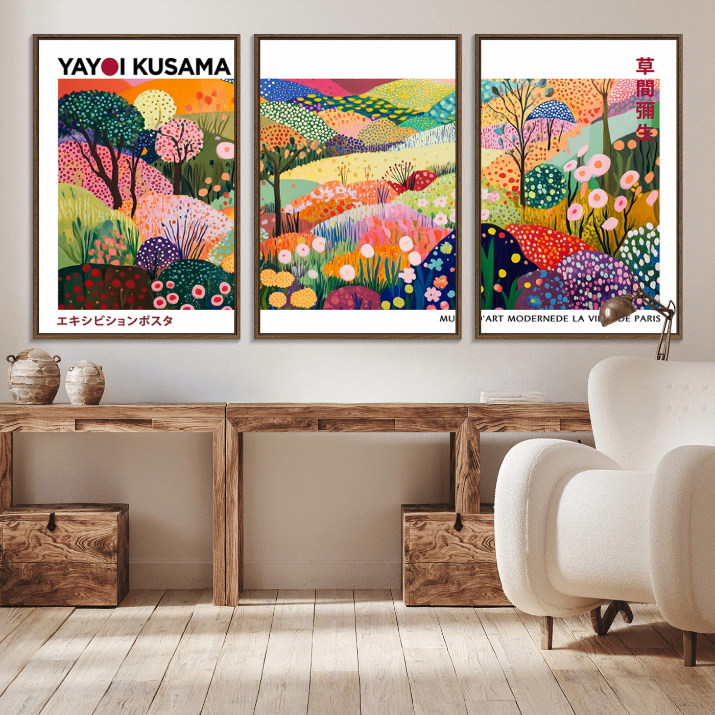 MGV-FC-60X30-3P - Framed Yayoi Kusama 1986 Wall Art Print – Japanese Wall Art Print, Wabi Sabi Yayoi Kusama Print -