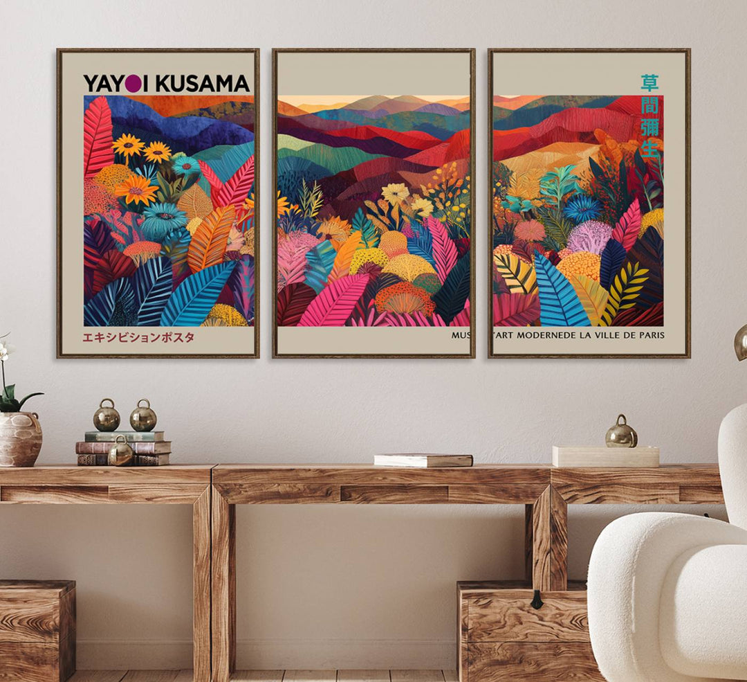 A Yayoi Kusama 1986 wall art print adds color in a modern living room.