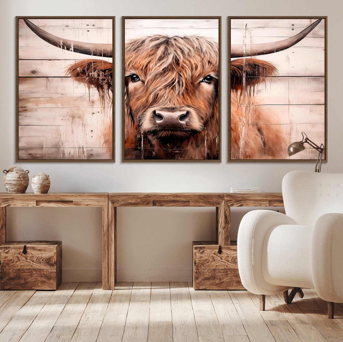 MGV-FC-60X30-3P - Vintage Scottish Highland Cow Cattle Art Print Farmhouse Wall Art Canvas Print