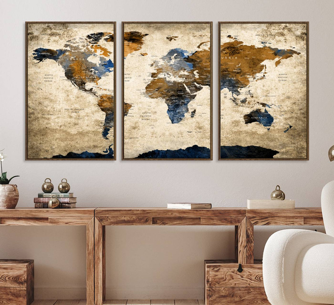 A Vintage World Map Canvas featuring brown, blue, and white on a textured background. Ideal for wall art in living rooms or offices.