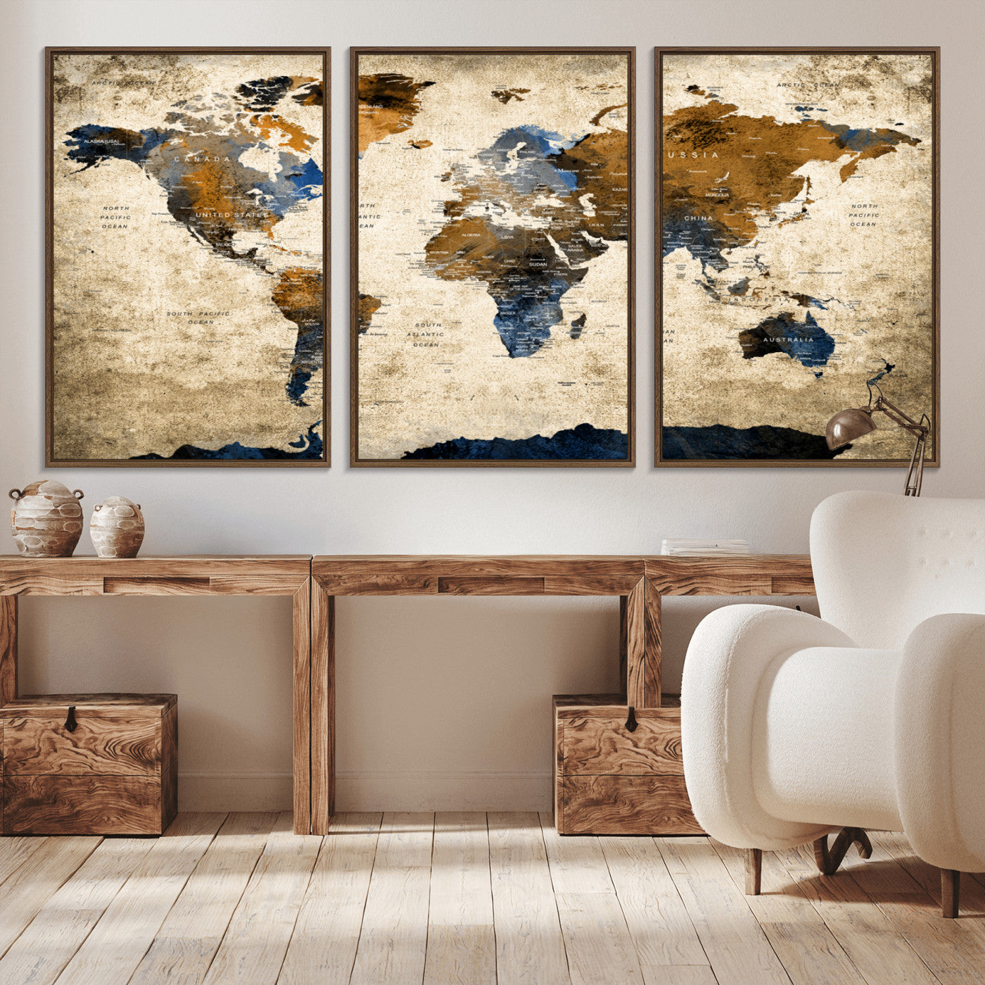 51140-MGV-CV-36X24-Vintage World Map Canvas Wall Art – Textured Triptych Map Print – Global Decor for Living Room or Office – Ready to Hang