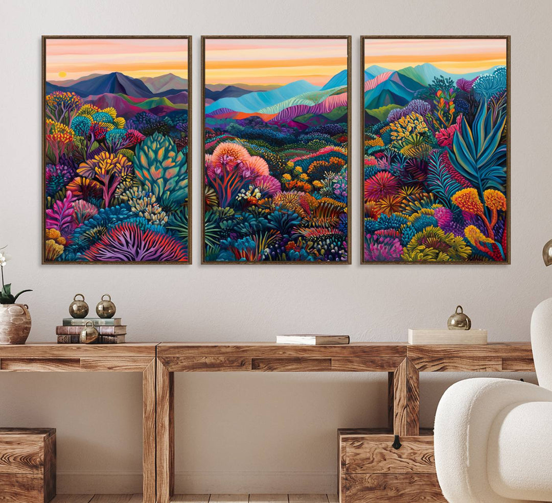 A colorful abstract wall art print canvas adorns the space.