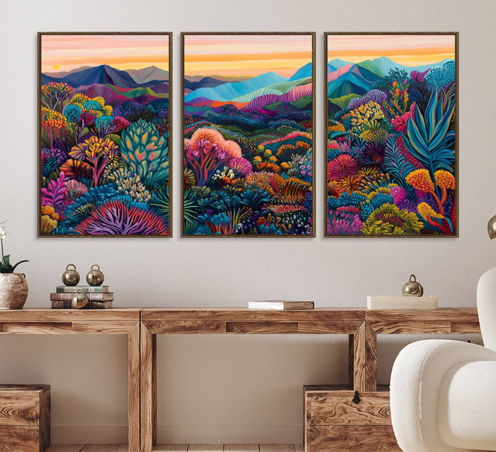 A colorful abstract wall art print canvas adorns the space.