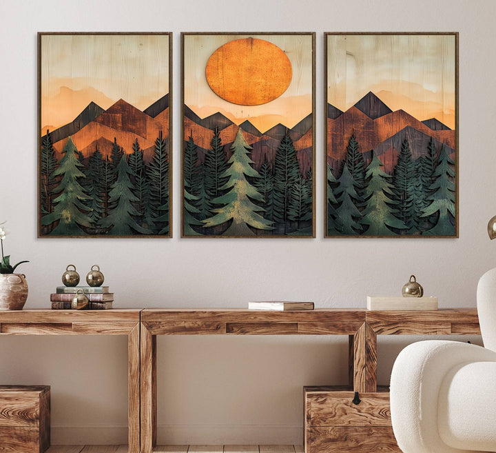 Sunset Mountain Landscape canvas wall art print featuring forest and wooden textures in green, brown, and orange.