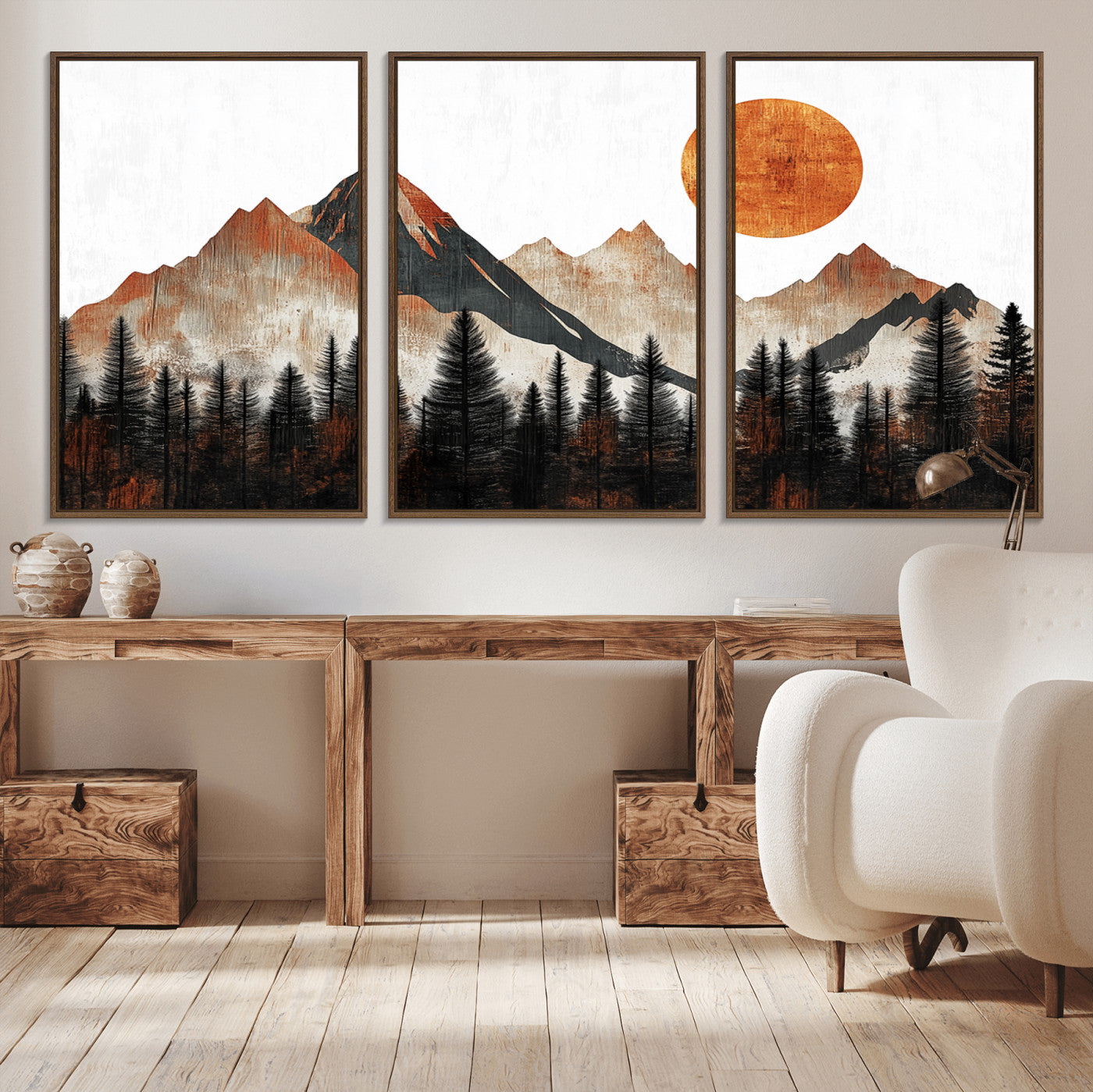 MGV-FC-60X30-3P - Modern Abstract Mountain Canvas Wall Art Print, Abstract Landscape Print, Rustic Sun and Mountains