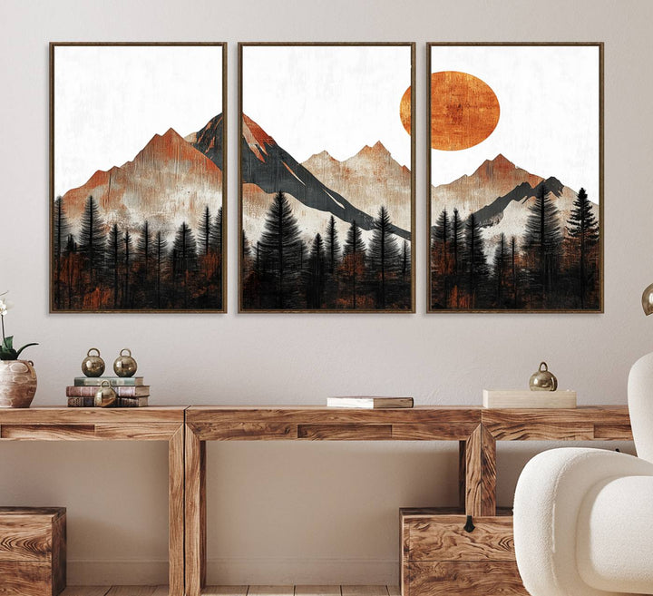 A Modern Abstract Mountain Canvas Wall Art Print features a rustic sun and mountains design.