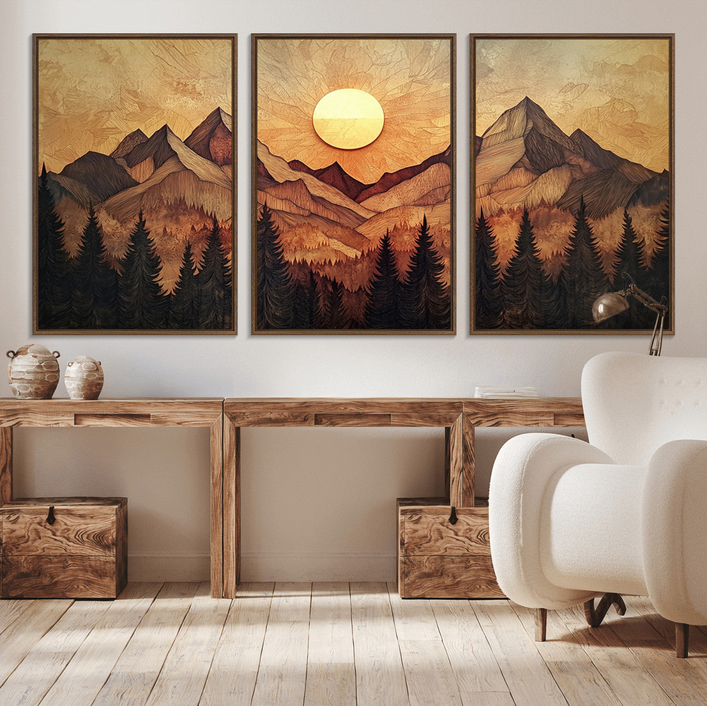 MGV-FC-60X30-3P - Wood Style Abstract Mountain Sunset Canvas Wall Art Print - Warm Earth Nature-Inspired Decor for