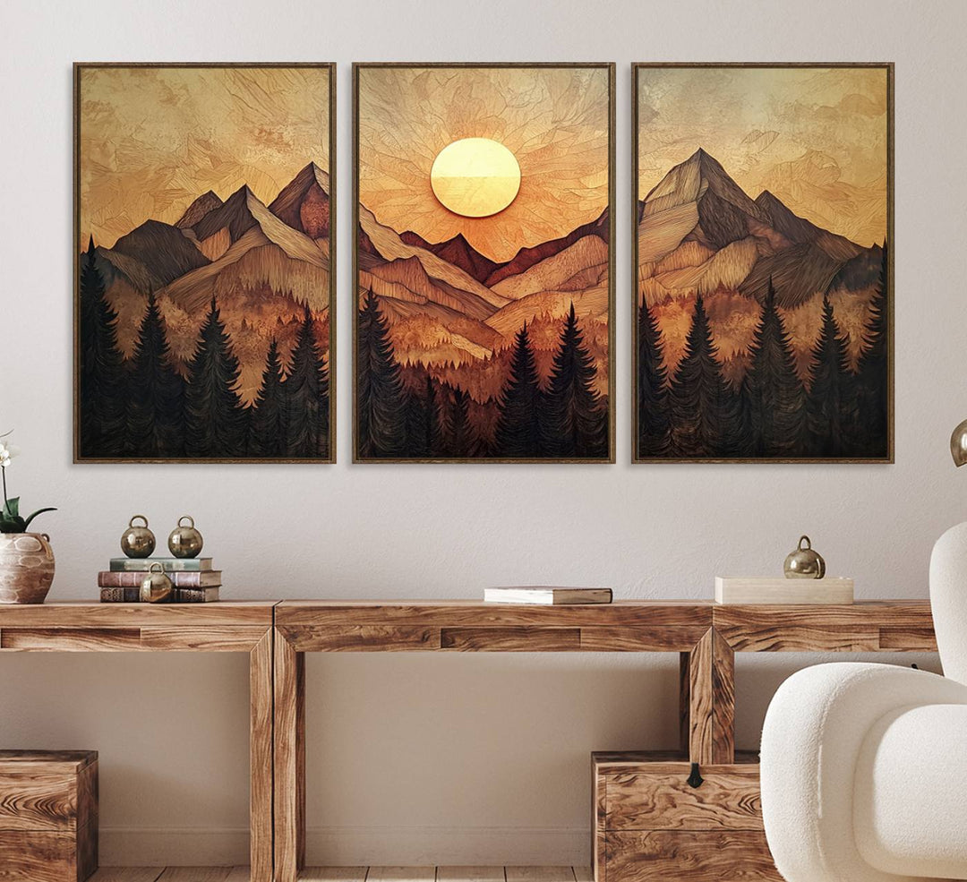 The dining area features a Wood Style Abstract Mountain Sunset canvas wall art print.