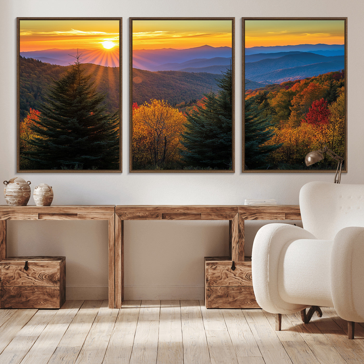 MGV-FC-60X30-3P - Golden Sunset Over Mountain Forest Canvas Wall Art Print - Warm Nature-Inspired Landscape for Living