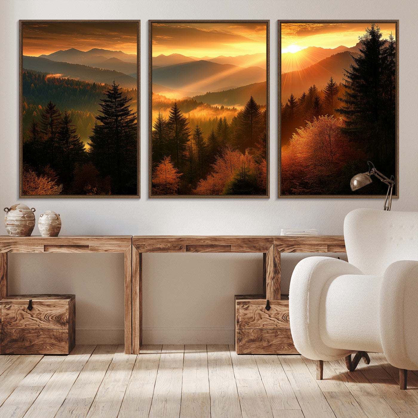 MGV-FC-60X30-3P - Golden Sunset Over Mountain Forest Canvas Wall Art Print - Warm Nature Landscape Print