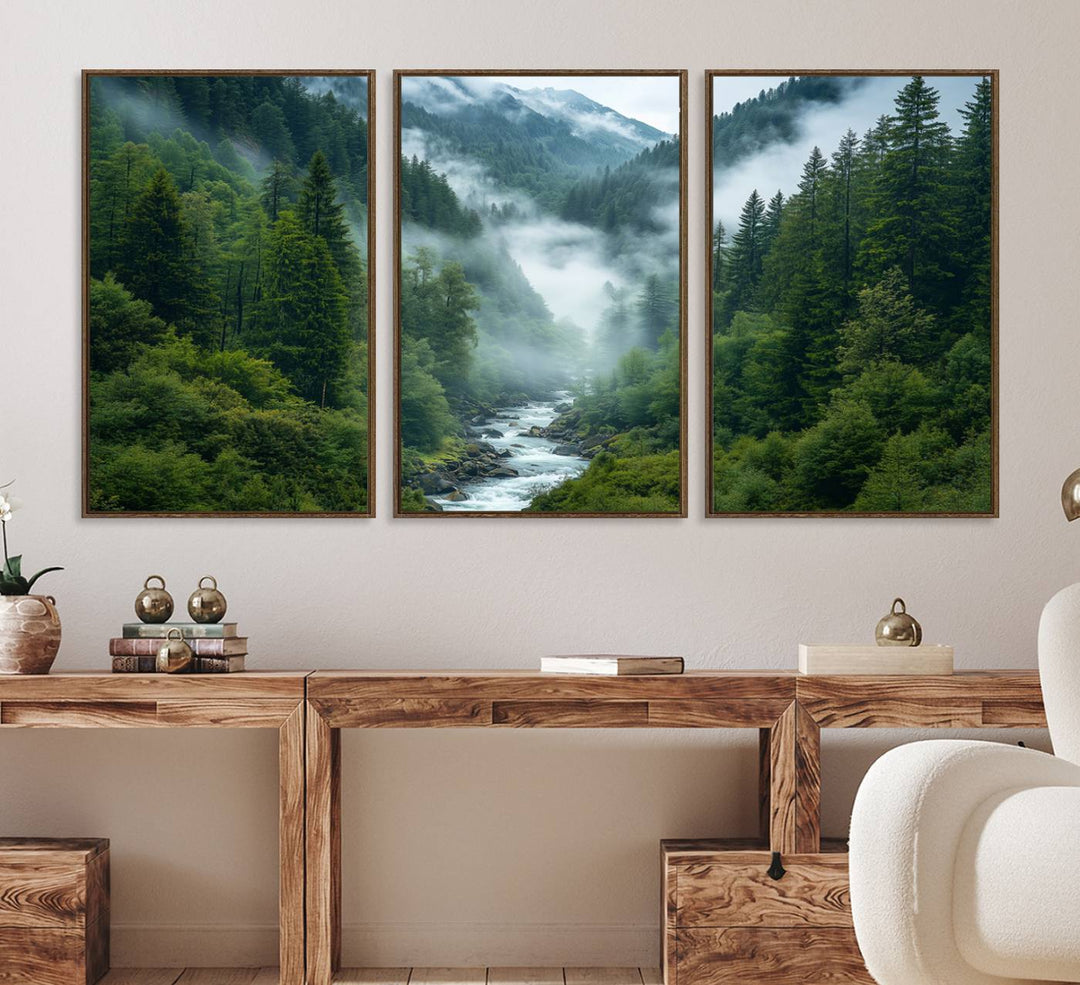 The Mountain Forest River Wall Art adds serenity to a modern living room.