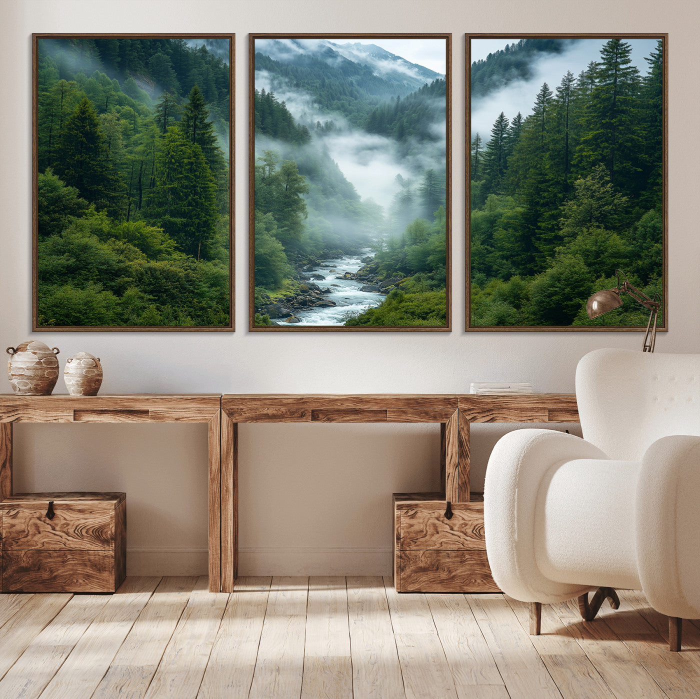 MGV-FC-60X30-3P - Mountain Forest River Canvas Wall Art Print - Serene Nature Landscape for Living Room, Office, or
