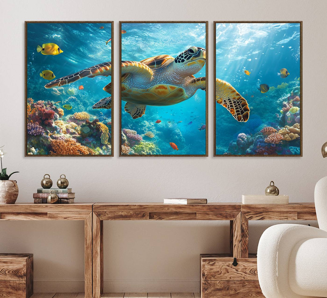 The Sea Turtle Underwater Canvas adorns the wall.