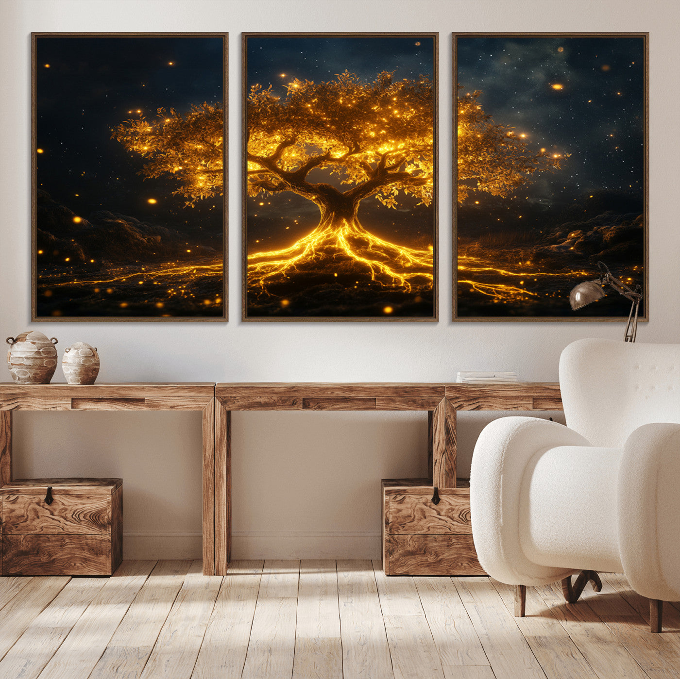 MGV-FC-60X30-3P - Golden Tree of Life Canvas Wall Art Print - Majestic Glowing Tree Design for Living Room, Office, or