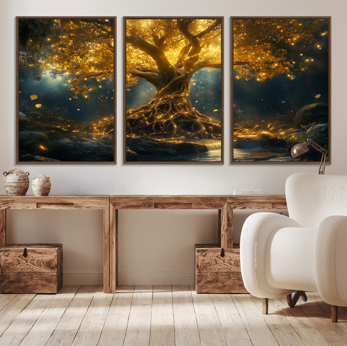 MGV-FC-60X30-3P - Golden Tree of Life Canvas Wall Art Print - Majestic Glowing Tree Wall Art Print