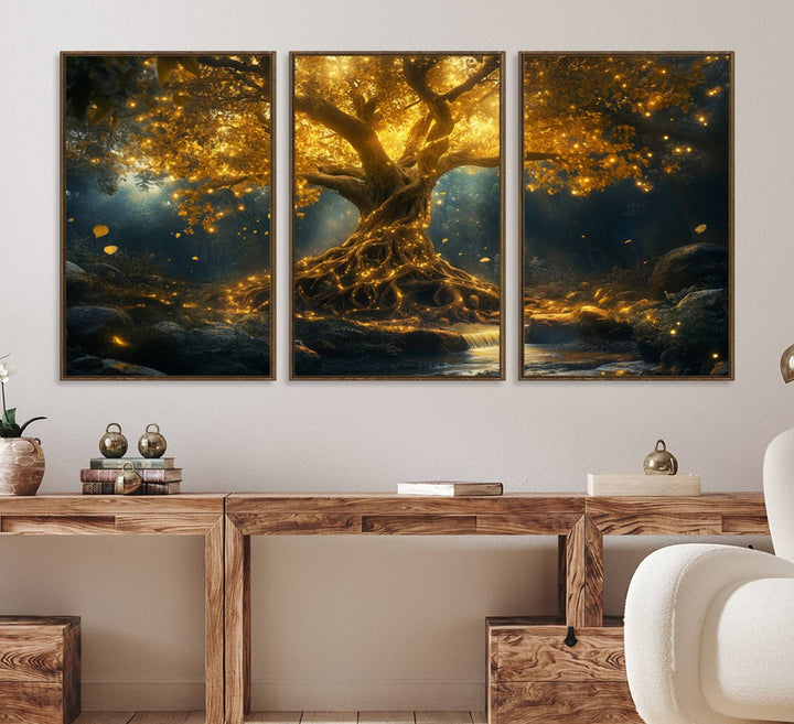 The wall art, titled Mystical Majestic Glowing Tree, hangs above.