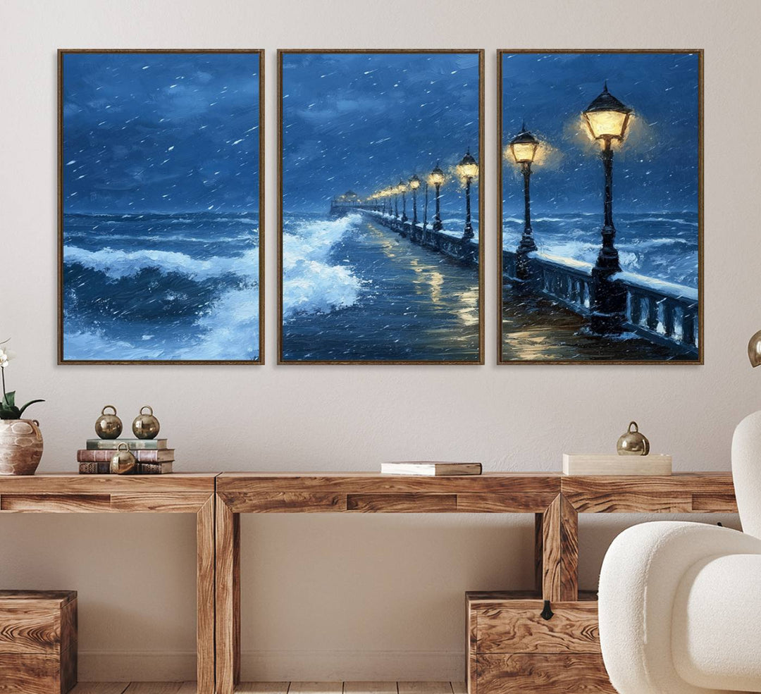 The living room features the Stormy Ocean Pier Lights canvas wall art for illumination.