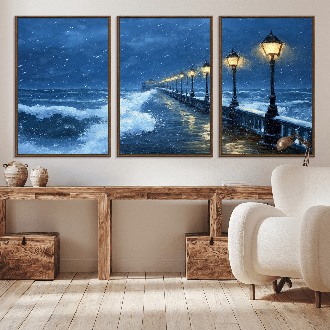 MGV-FC-60X30-3P - Stormy Ocean Pier Lights Canvas Wall Art Print - Large Moody Night Scene for Living Room, or Office,