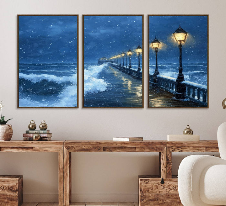 The living room features the Stormy Ocean Pier Lights canvas wall art for illumination.