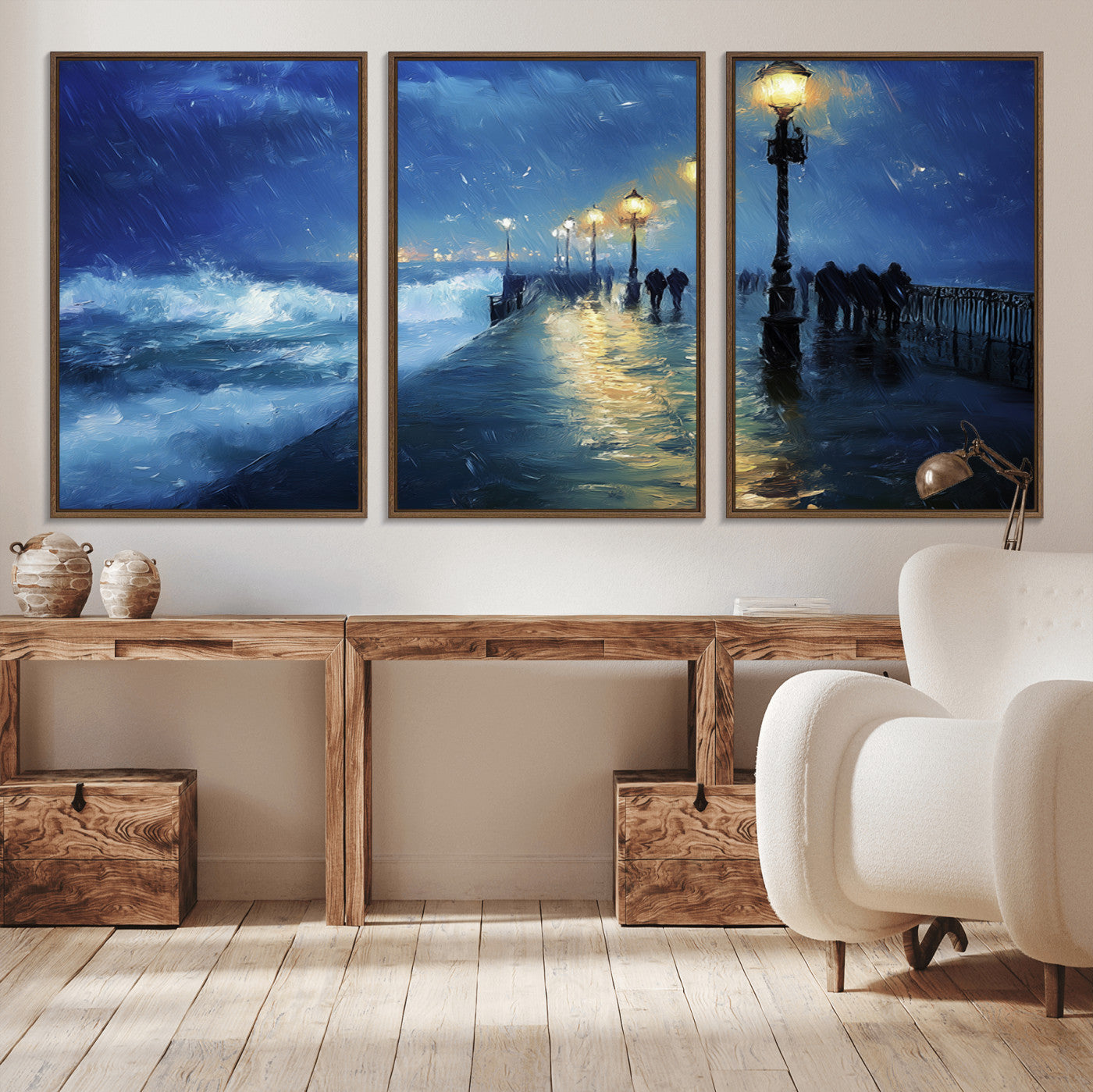 -Abstract Stormy Ocean Pier Canvas Wall Art Print | Stormy Ocean Art | Large Moody Night Scene Print,