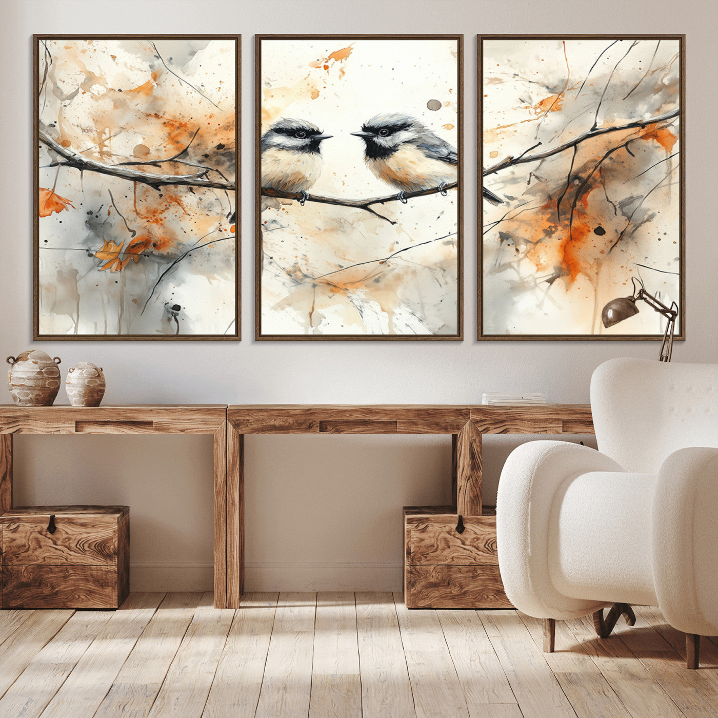A soft and elegant watercolor painting of two chickadees perched on a delicate branch, surrounded by splashes of orange and neutral tones evoking a calm autumn day.