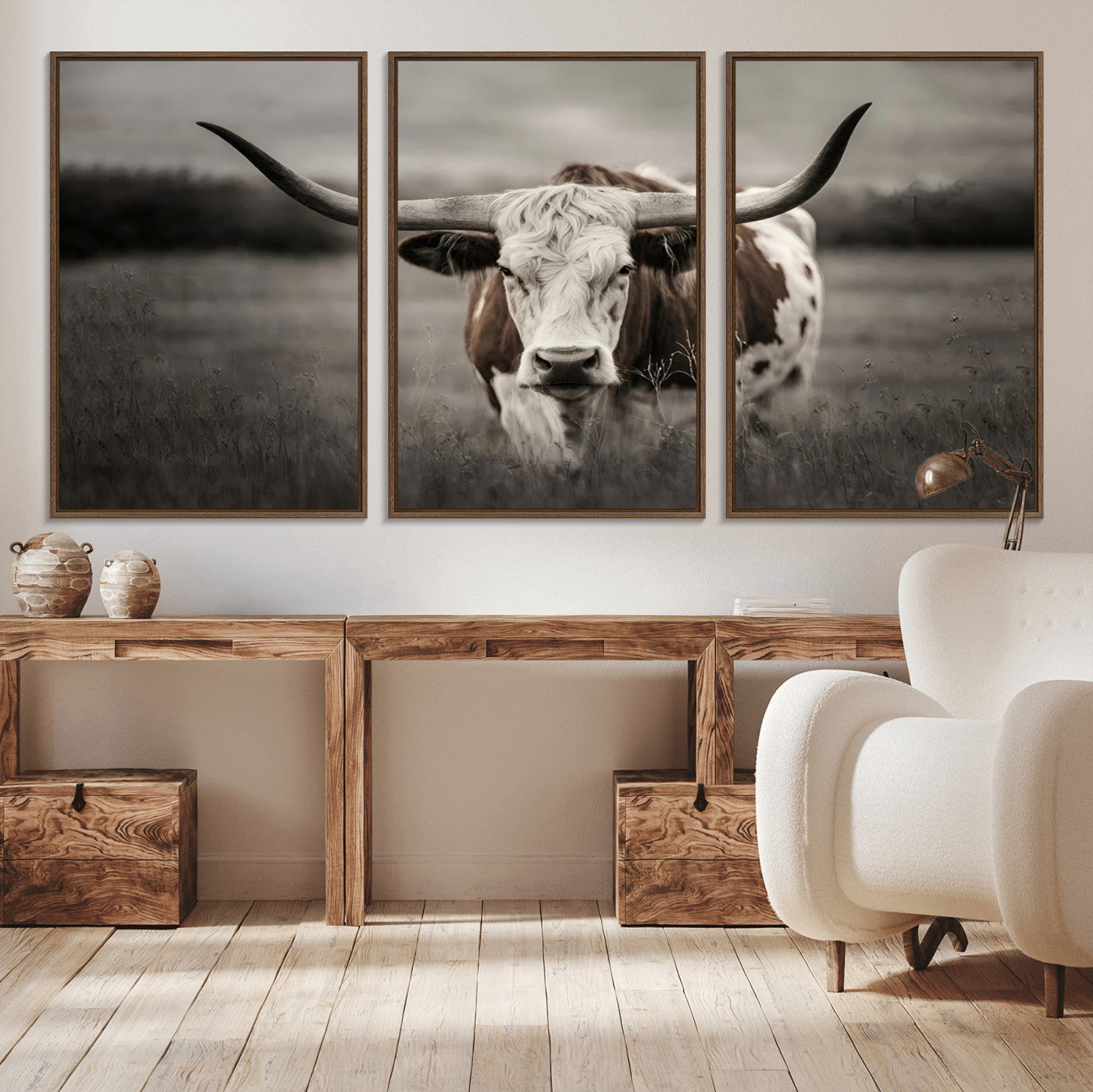 MGV-FC-60X30-3P - Texas Longhorn Cow Canvas Wall Art Print - Large Rustic Longhorn Art for Living Room, Western Wall