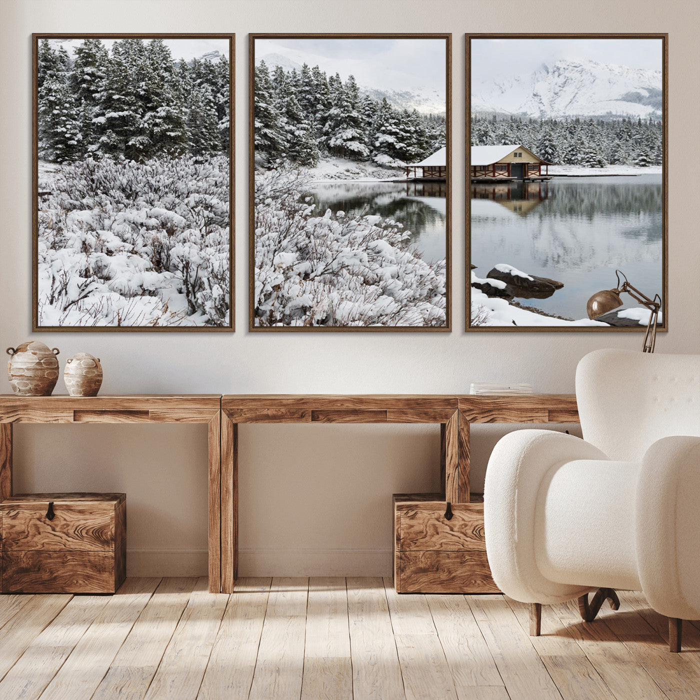 MGV-FC-60X30-3P - Winter Wall Art - Cabin by the Lake Canvas Wall Art - Serene Snowy Landscape with Mountain View,